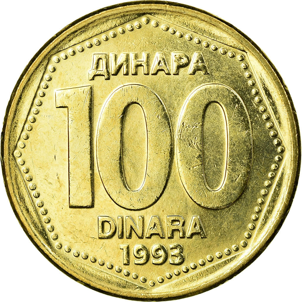 Coin, Yugoslavia, 100 Dinara, 1993, AU(55-58), Brass, KM:159