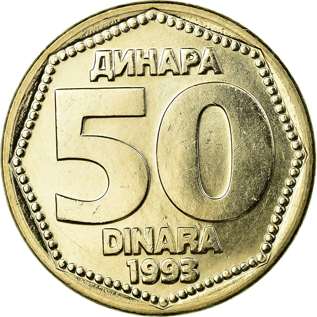 Coin, Yugoslavia, 50 Dinara, 1993, AU(55-58), Copper-Nickel-Zinc, KM:158