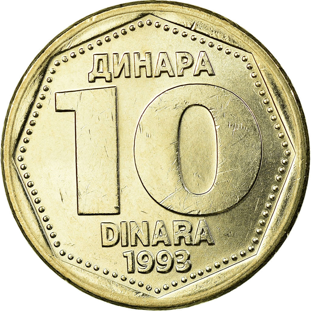Coin, Yugoslavia, 10 Dinara, 1993, AU(50-53), Copper-Nickel-Zinc, KM:157