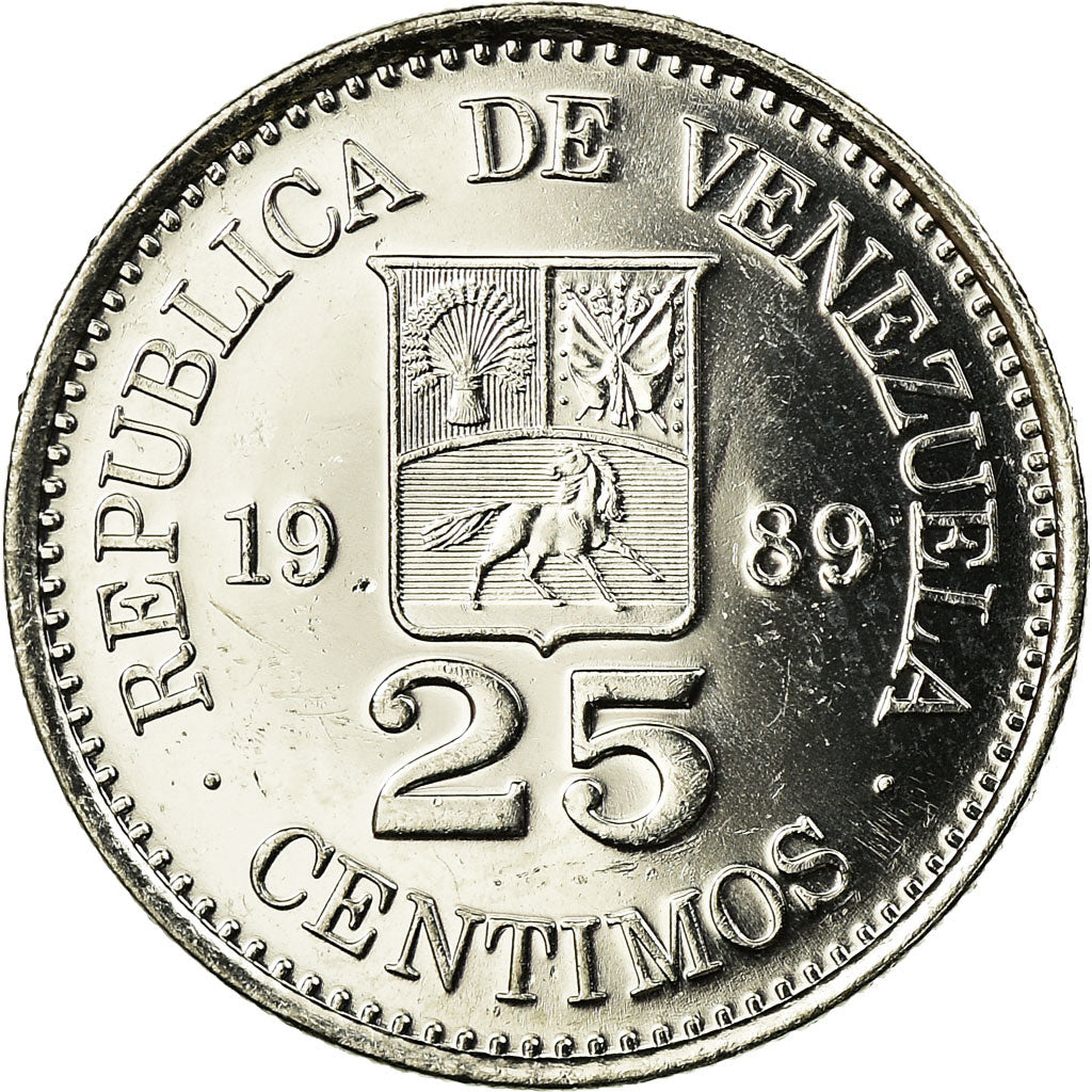 Moeda, Venezuela, 25 Centimos, 1989, AU(55-58), Aço Revestido a Níquel, KM:50a