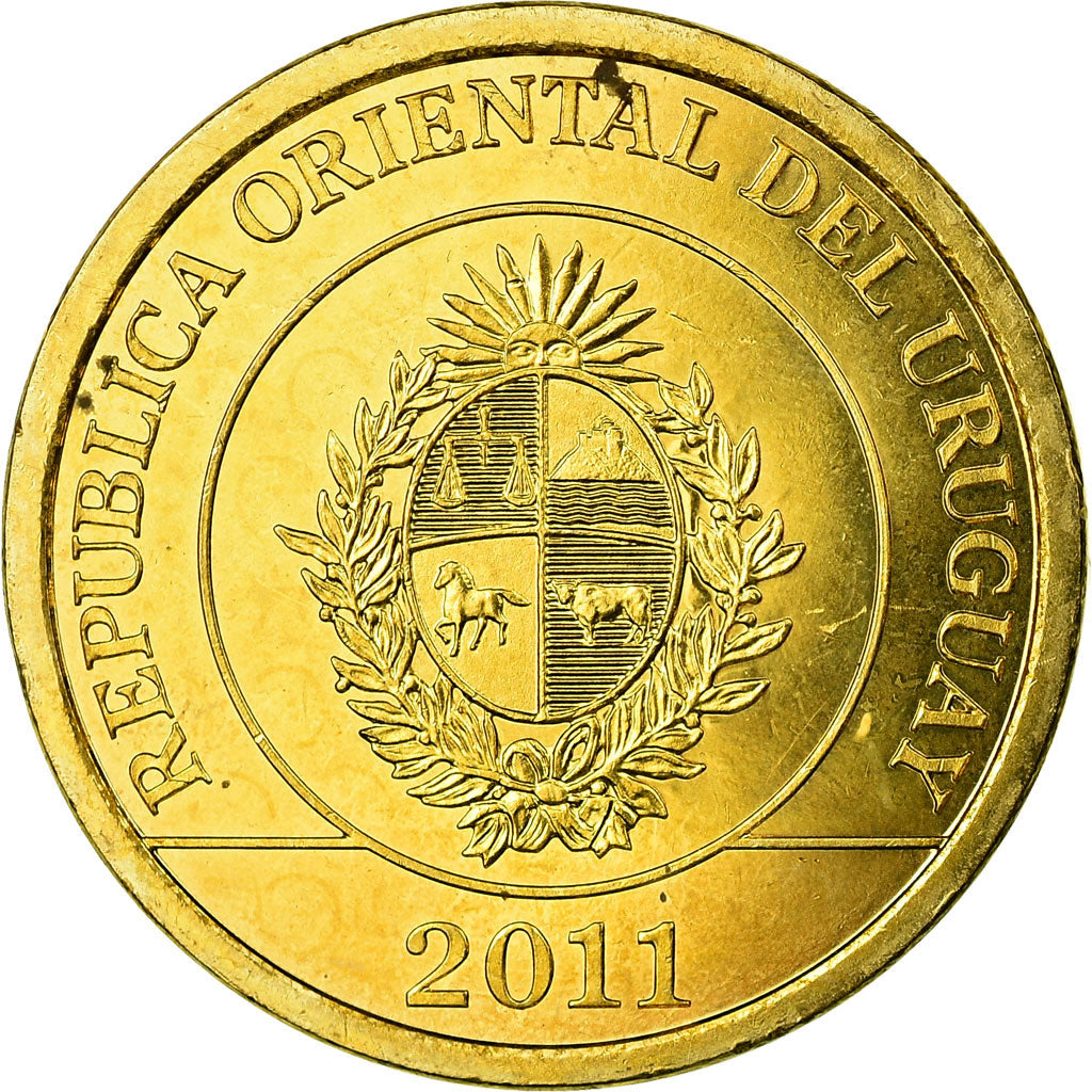 Moneda, Uruguay, 2 Pesos Uruguayos, 2011, Santiago, EBC, Latón chapado en