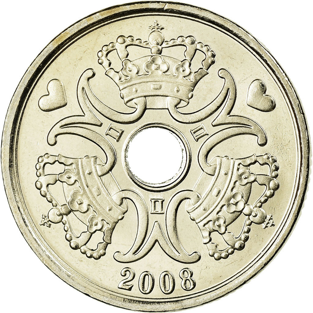 Coin, Denmark, Margrethe II, 2 Kroner, 2008, Brondby, AU(55-58), Copper-nickel