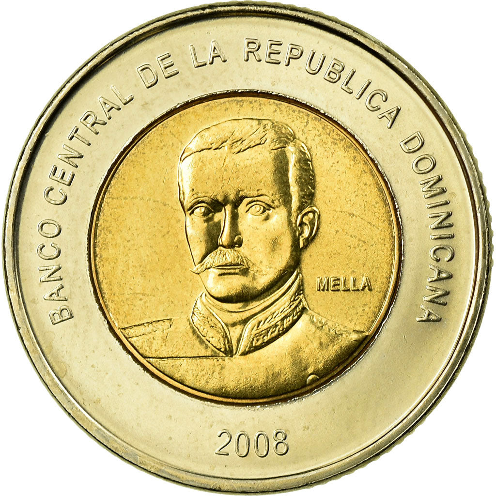 Coin, Dominican Republic, 10 Pesos, 2008, MS(63), Bi-Metallic, KM:106