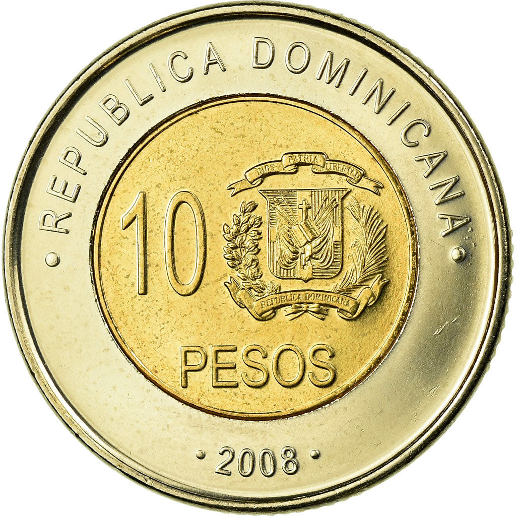 Coin, Dominican Republic, 10 Pesos, 2008, MS(63), Bi-Metallic, KM:106