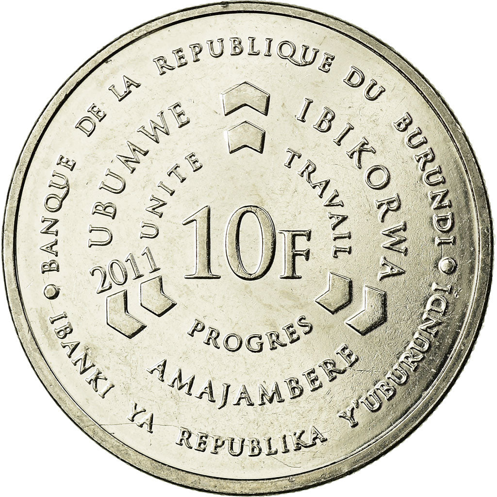 Coin, Burundi, 10 Francs, 2011, AU(55-58), Nickel plated steel, KM:21