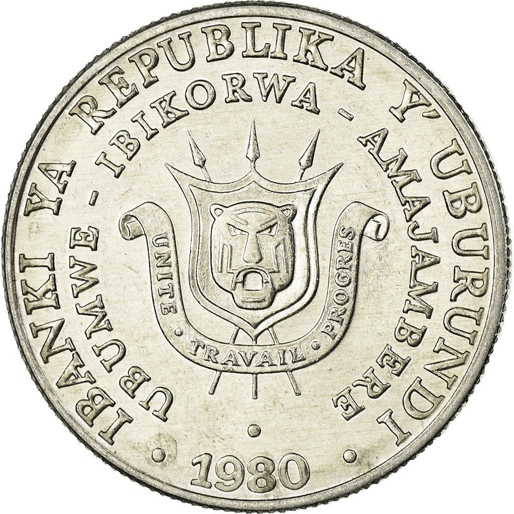 Coin, Burundi, 5 Francs, 1980, EF(40-45), Aluminum, KM:20