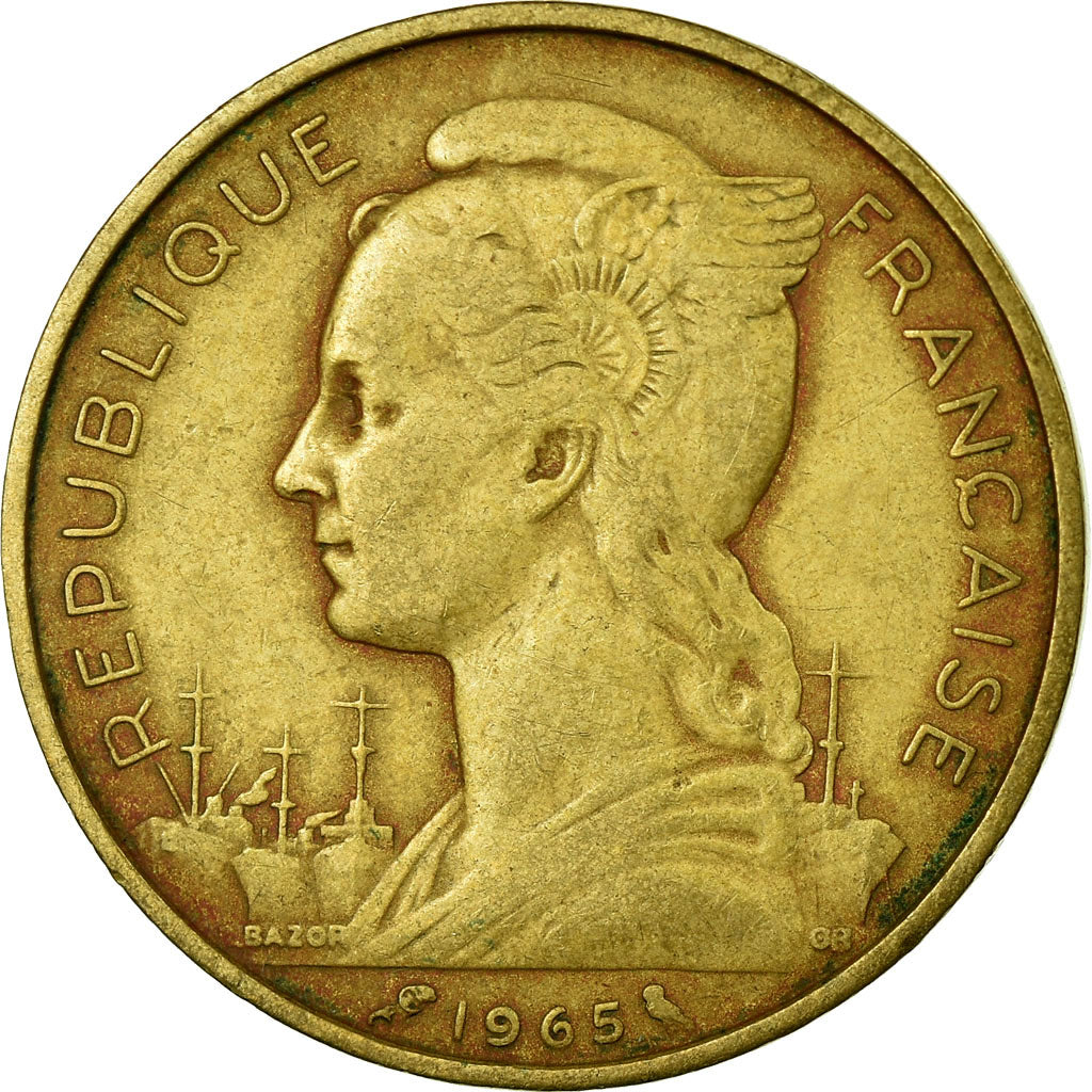 Coin, French Somaliland, 20 Francs, 1965, Paris, VF(30-35), Aluminum-Bronze
