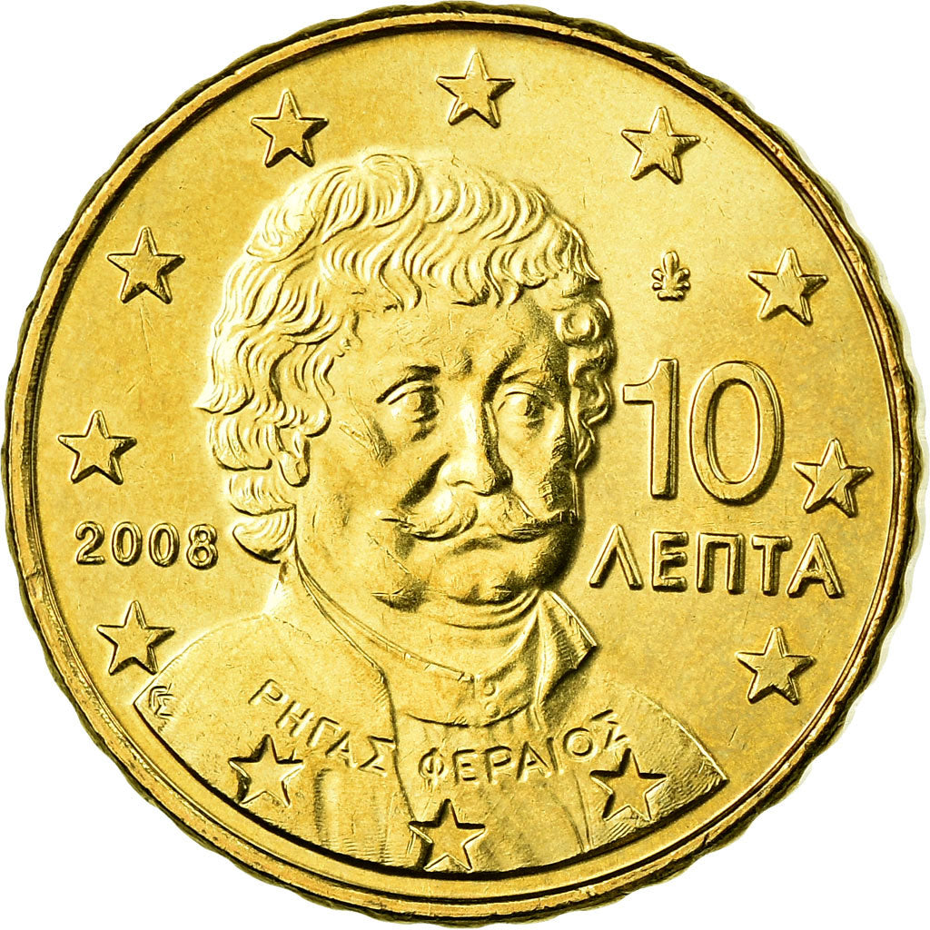 Grecia, 10 Euro Cent, 2008, SPL-, Ottone, KM:211