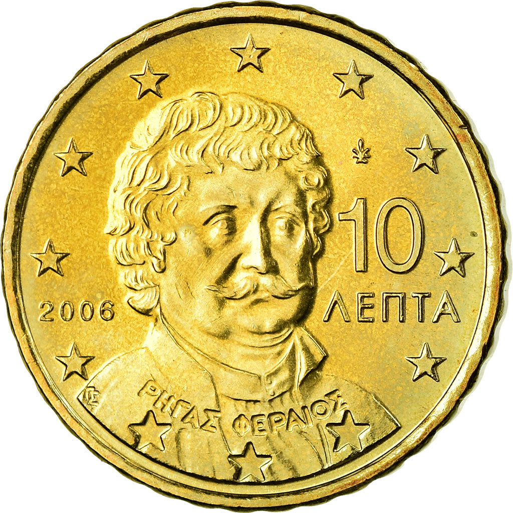 Grécia, 10 Euro Cent, 2006, AU(55-58), Latão, KM:184
