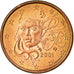France, Euro Cent, 2001, TTB, Copper Plated Steel, Gadoury:1, KM:1282