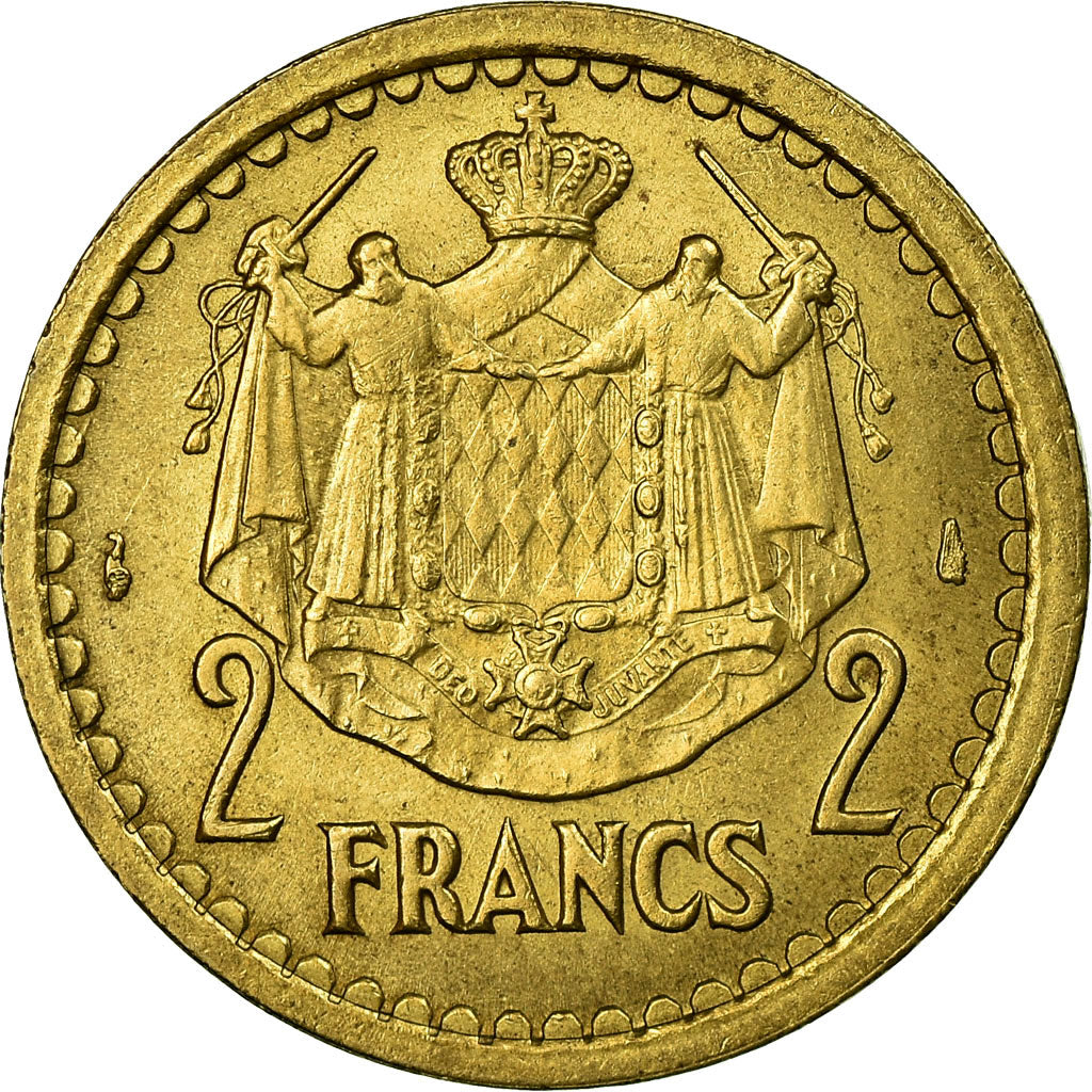 Coin, Monaco, Louis II, 2 Francs, Undated (1943), AU(55-58), Aluminum-Bronze