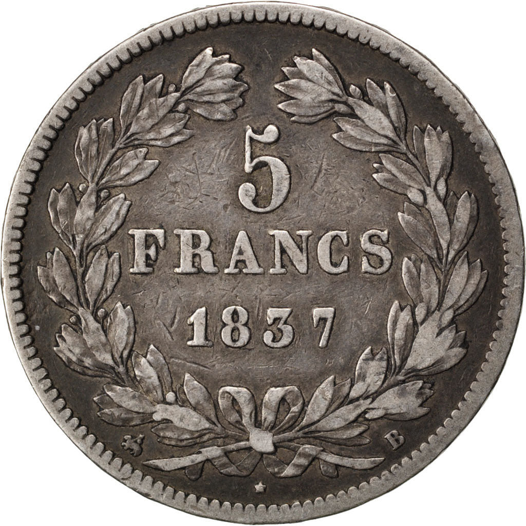 FRANCE, Louis-Philippe, 5 Francs, 1837, Rouen, KM #749.2, VF(20-25), Silver,...
