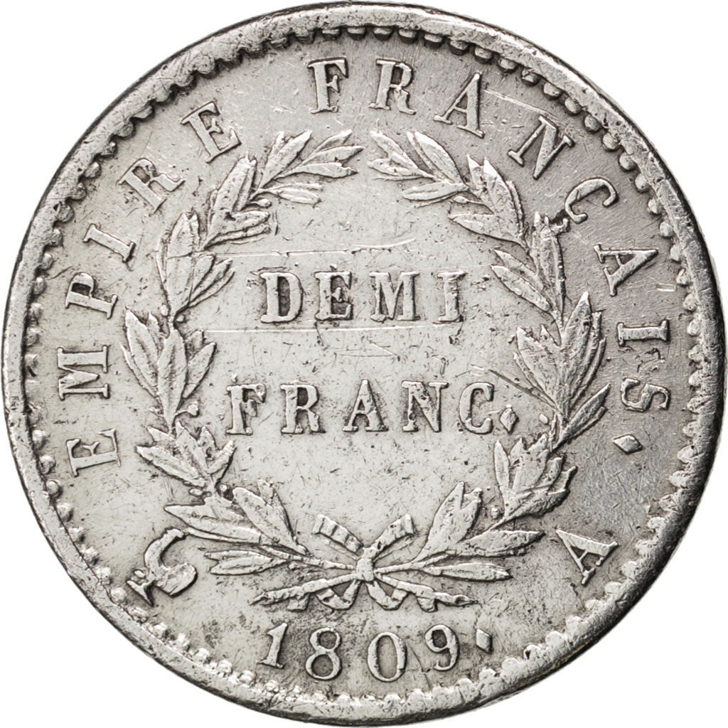 FRANCE, Napoléon I, 1/2 Franc, 1809, Paris, KM #691.1, EF(40-45), Silver, Gadour