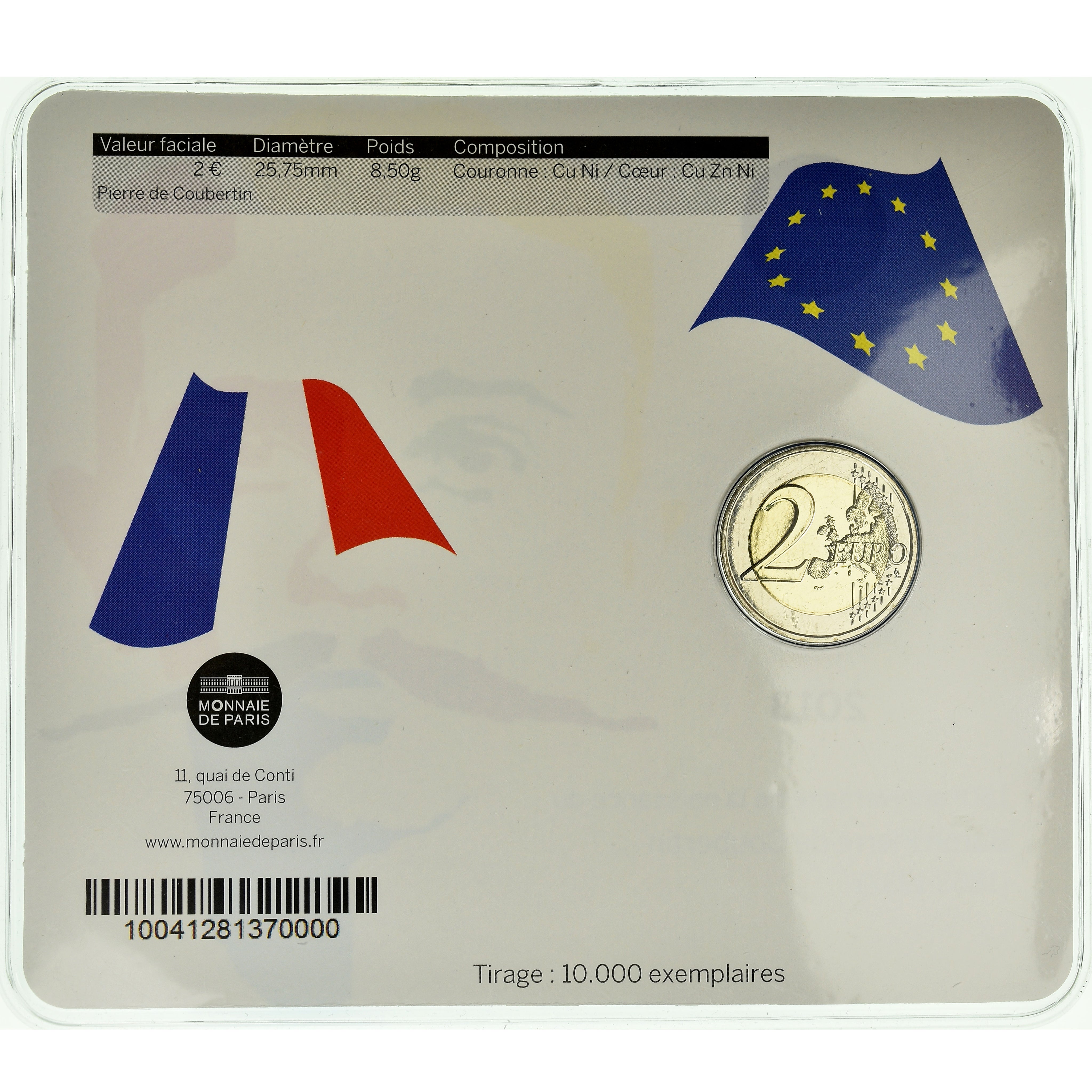 France, 2 Euro, Baron Pierre Coubertin, 2013, BU, MS(65-70), Bi-Metallic