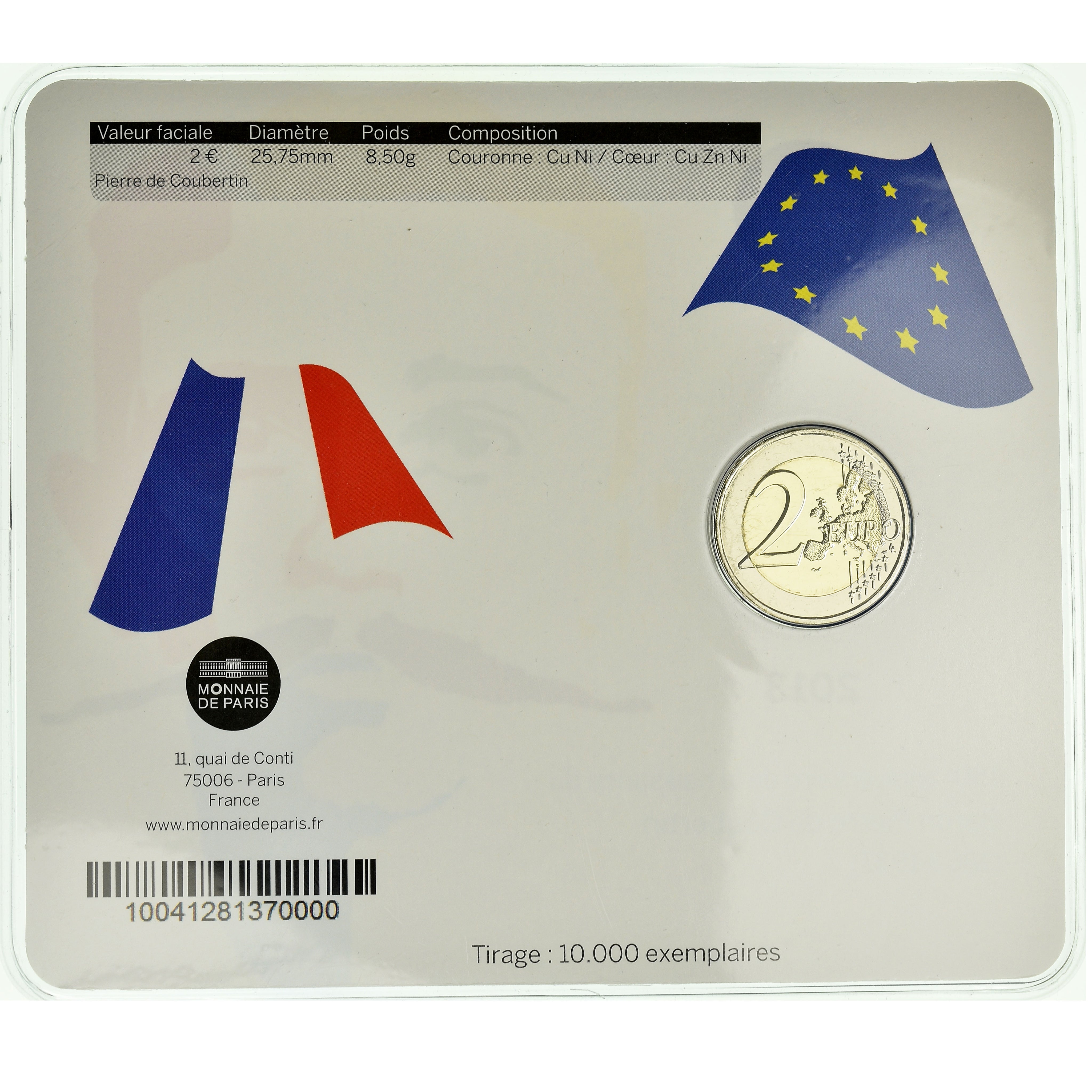 France, 2 Euro, Baron Pierre Coubertin, 2013, BU, MS(65-70), Bi-Metallic