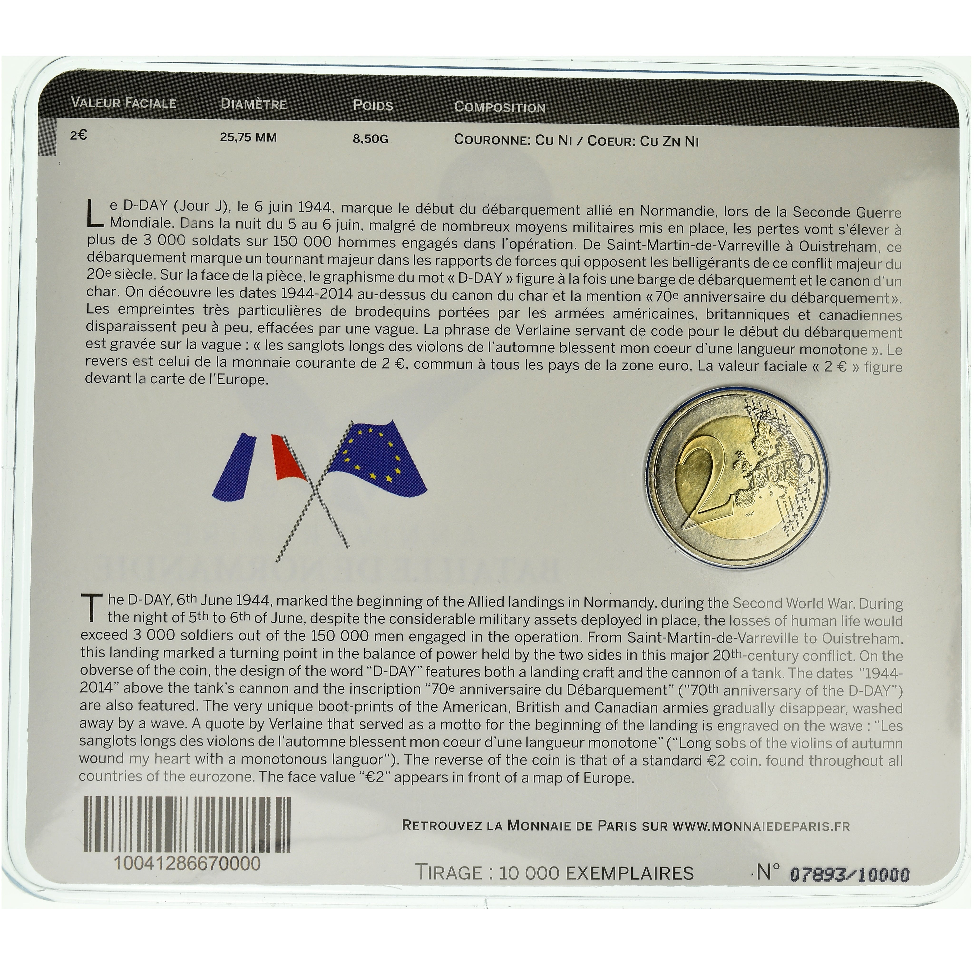 Francja, 2 Euro, D-Day, 2014, BU, MS(65-70), Bimetaliczny, Gadoury:18, KM:New
