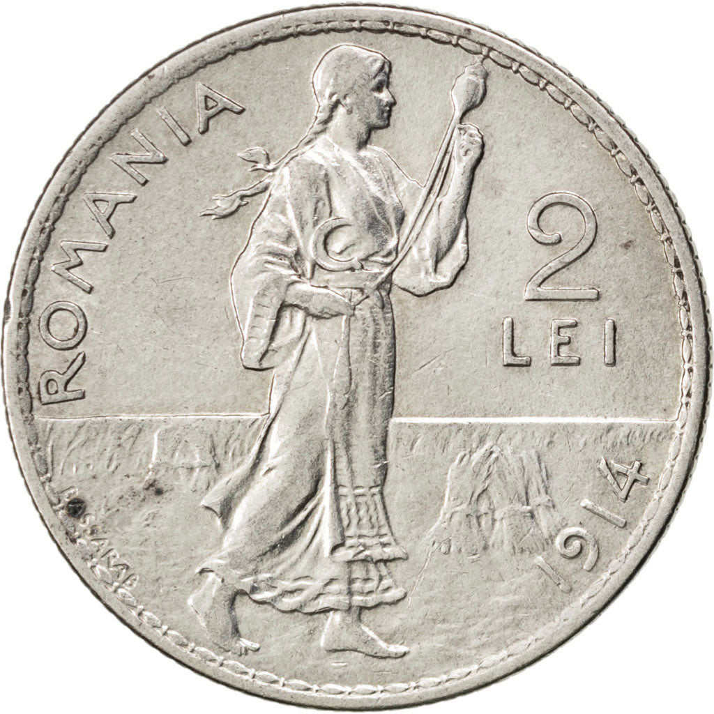 ROMANIA, 2 Lei, 1914, KM #43, AU(50-53), Silver, 27, 9.99