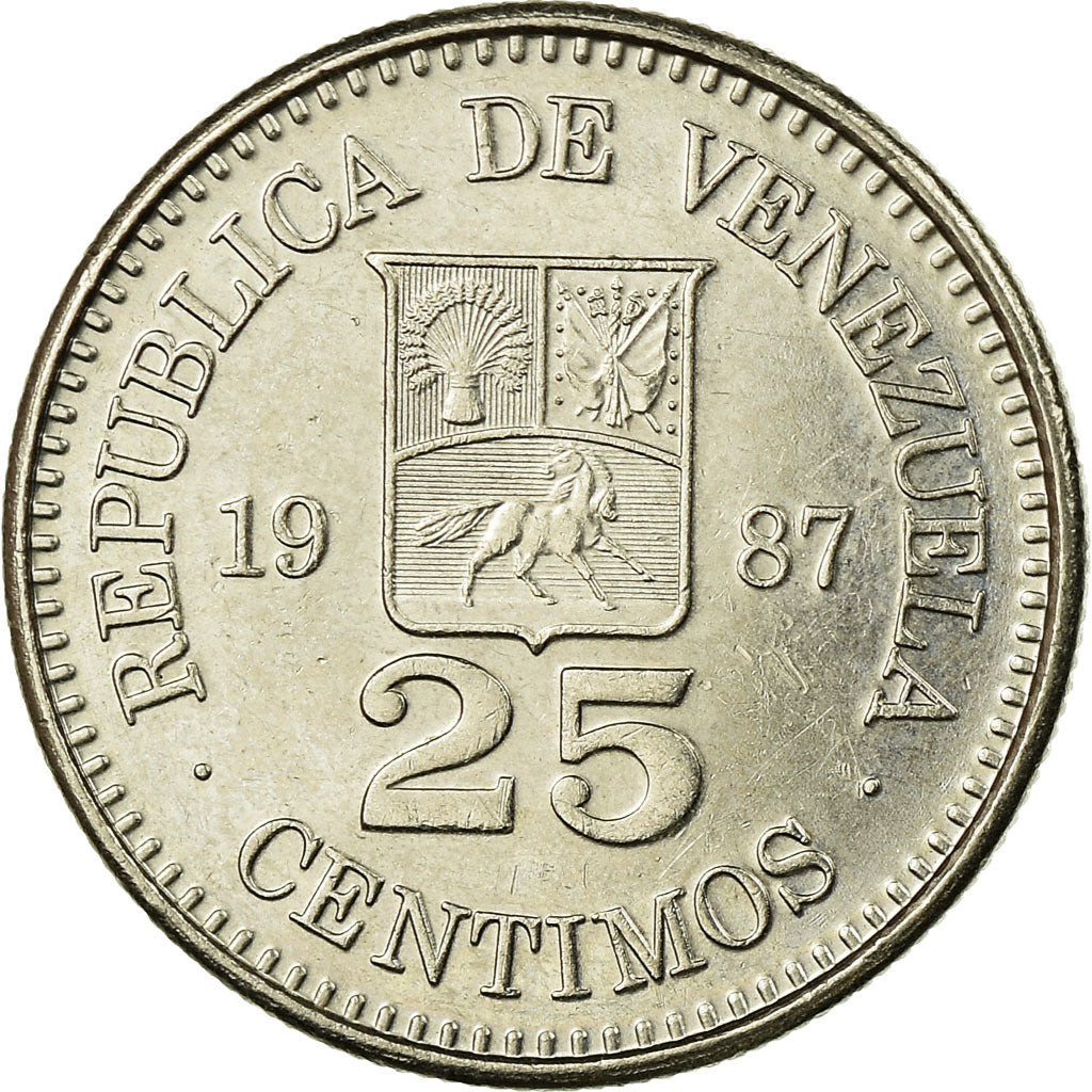 Coin, Venezuela, 25 Centimos, 1987, Werdohl, EF(40-45), Nickel, KM:50.2