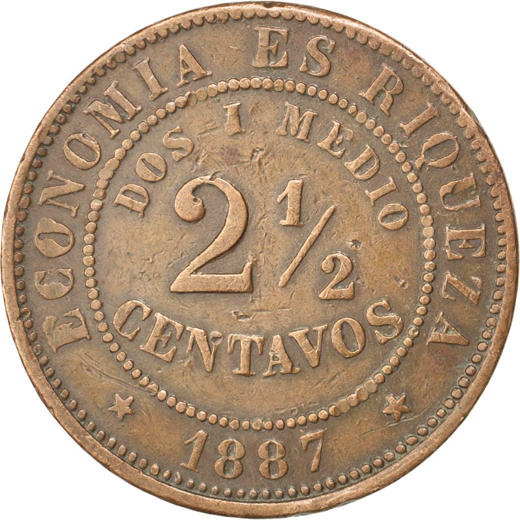 CHILE, 2-1/2 Centavos, 1887, KM #150, EF(40-45), Copper, 27, 7.90