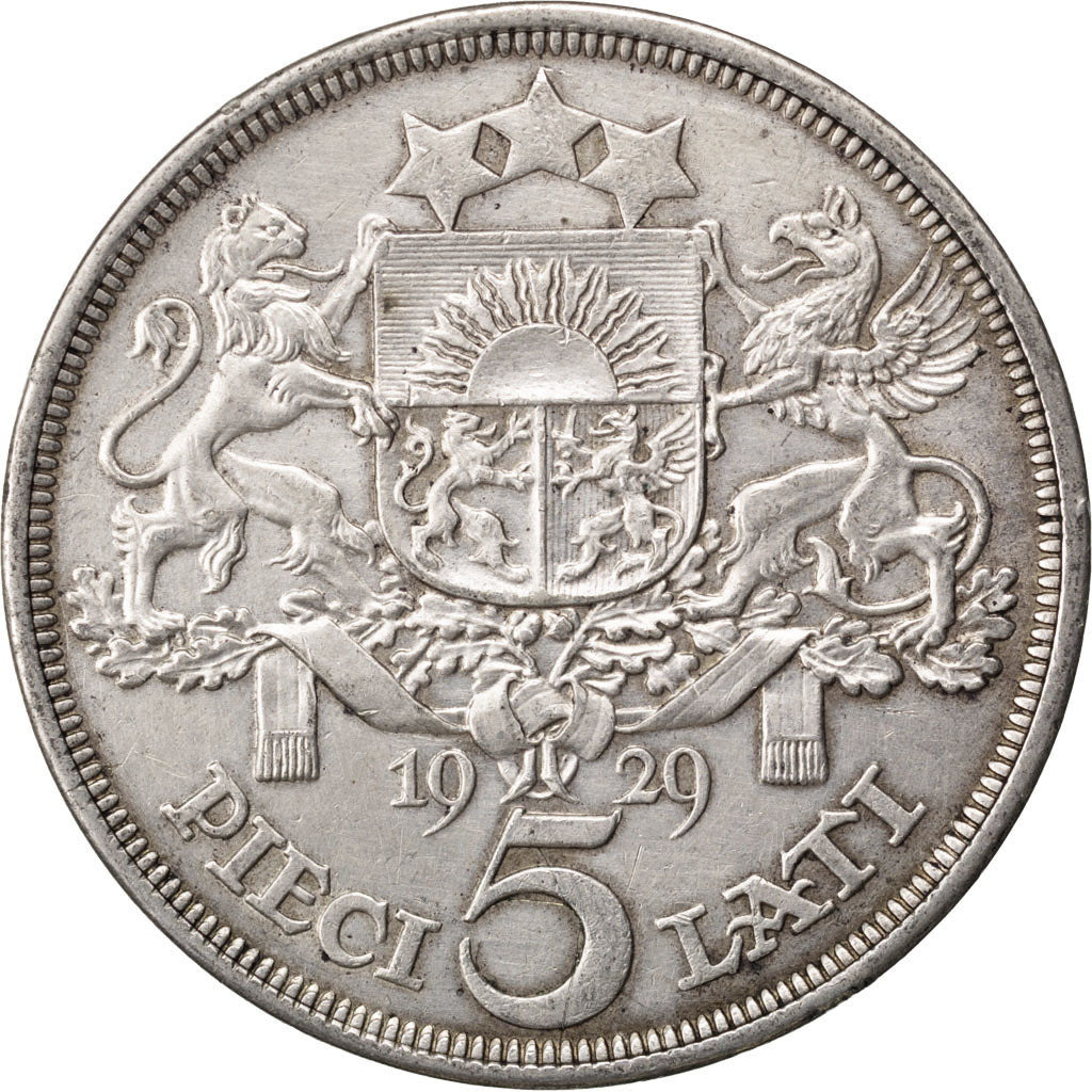LATVIA, 5 Lati, 1929, KM #9, AU(50-53), Silver, 37, 24.98