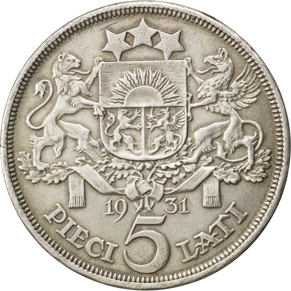 LATVIA, 5 Lati, 1931, KM #9, AU(50-53), Silver, 37, 24.95