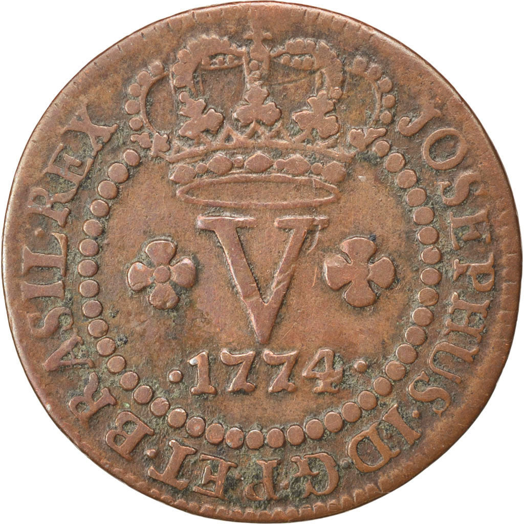 BRAZIL, 5 Reis, 1774, Lisbon, KM #173.3, EF(40-45), Copper, 3.85