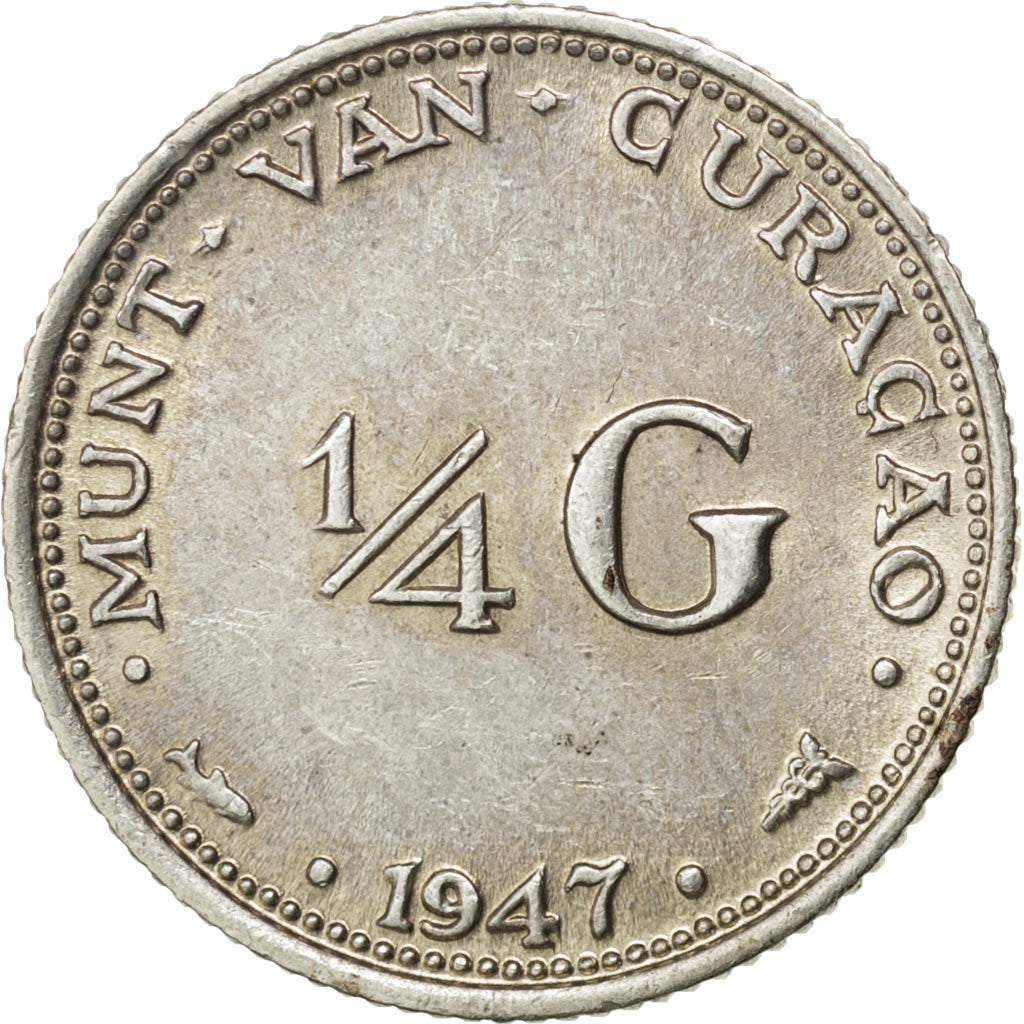 CURACAO, 1/4 Gulden, 1947, Denver, KM #44, AU(55-58), Silver, 18.8, 3.60
