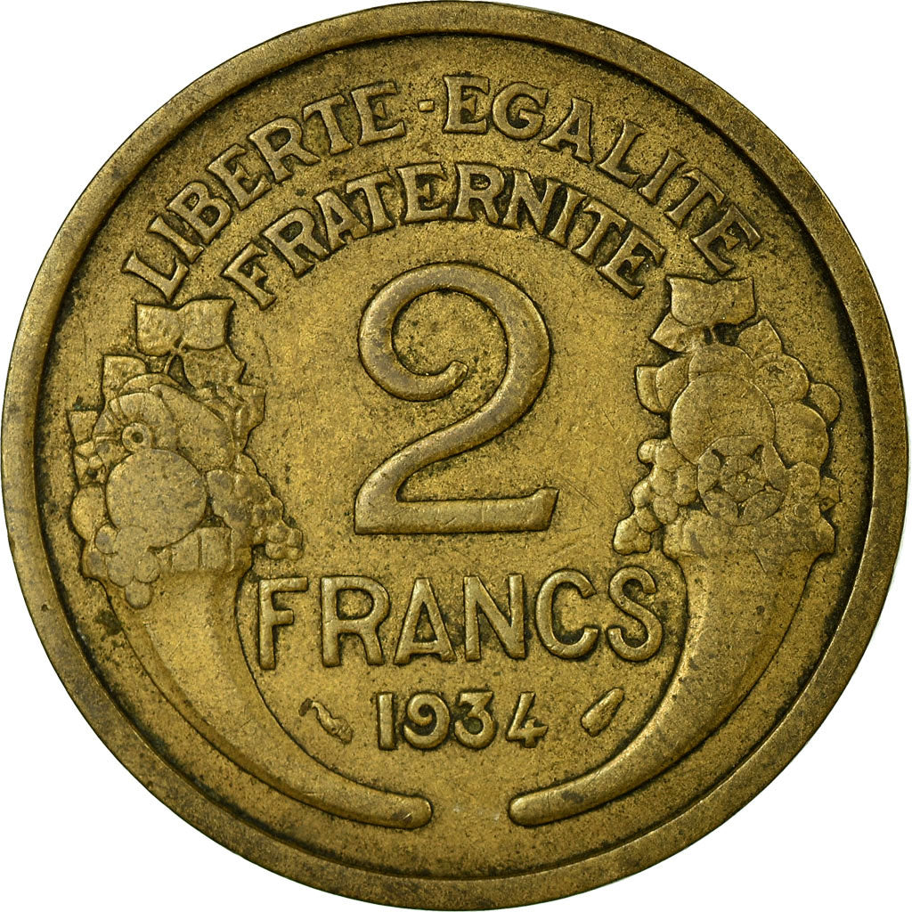 Moneda, Francia, Morlon, 2 Francs, 1934, BC+, Aluminio - bronce, KM:886