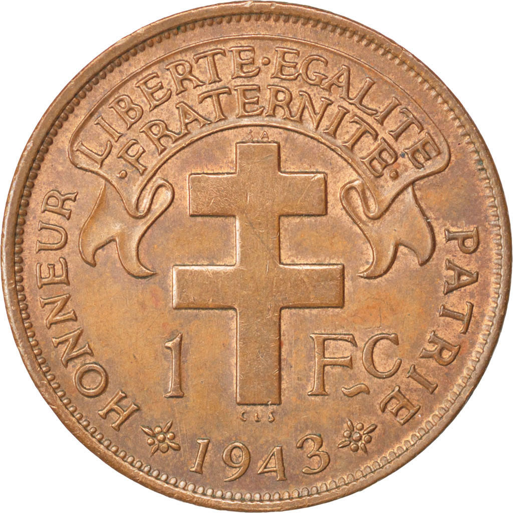 CAMEROON, Franc, 1943, Pretoria, KM #5, AU(55-58), Bronze, 25, Lecompte #16,...