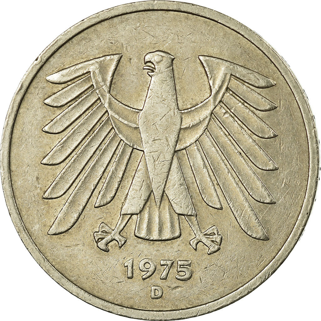 Coin, GERMANY - FEDERAL REPUBLIC, 5 Mark, 1975, Munich, VF(20-25), Copper-Nickel