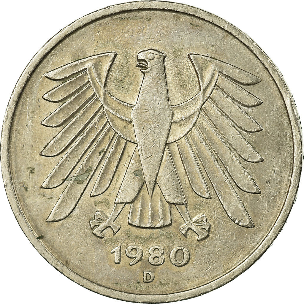 Coin, GERMANY - FEDERAL REPUBLIC, 5 Mark, 1980, Munich, VF(30-35), Copper-Nickel