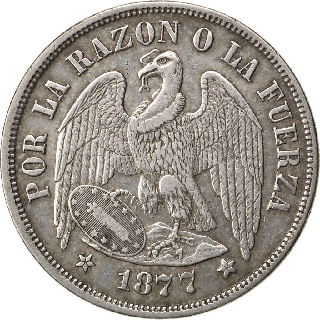 CHILE, Peso, 1877, Santiago, KM #142.1, AU(50-53), Silver, 37, 24.77