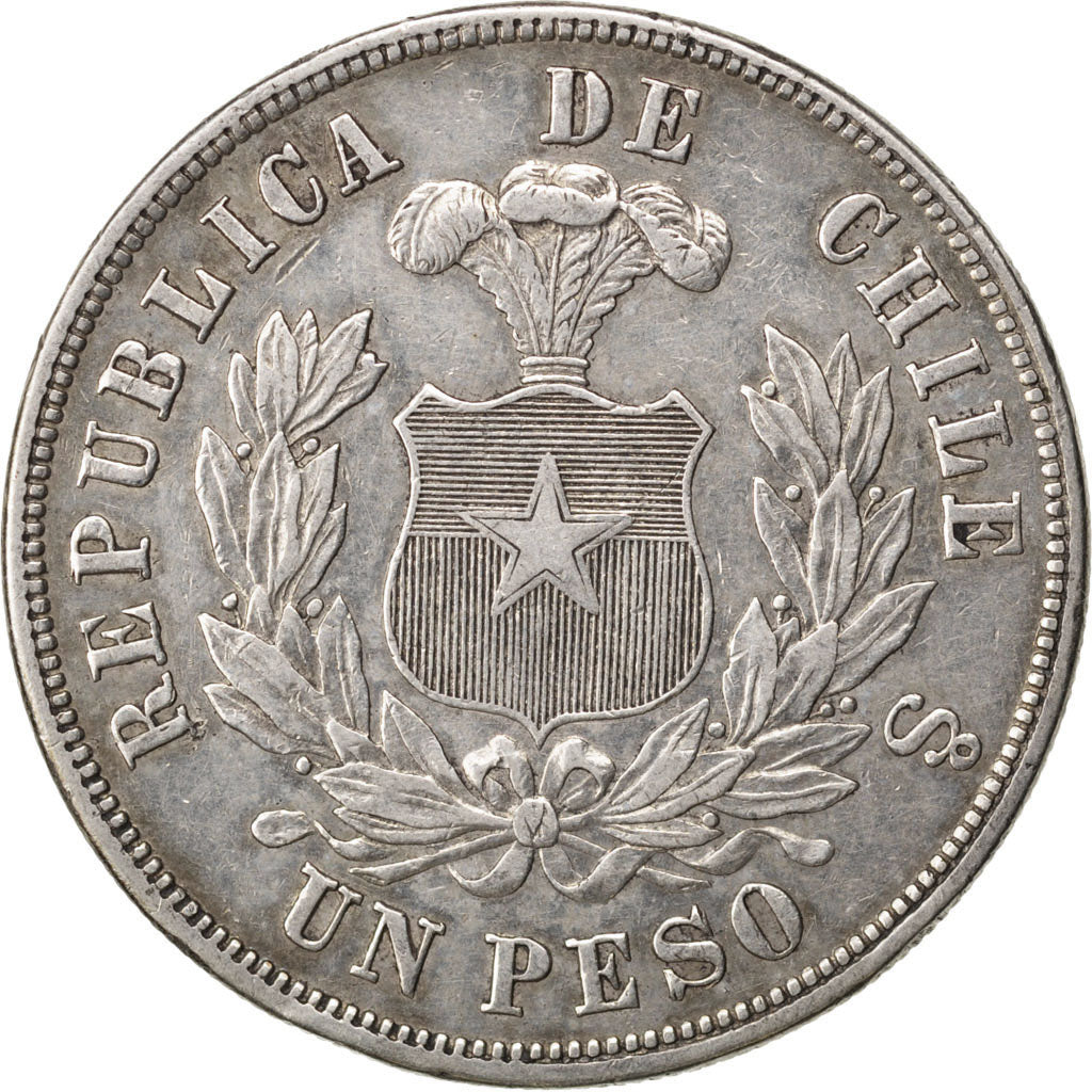CHILE, Peso, 1877, Santiago, KM #142.1, AU(50-53), Silver, 37, 24.77