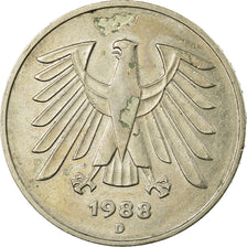 Coin, GERMANY - FEDERAL REPUBLIC, 5 Mark, 1988, Munich, EF(40-45), Copper-Nickel