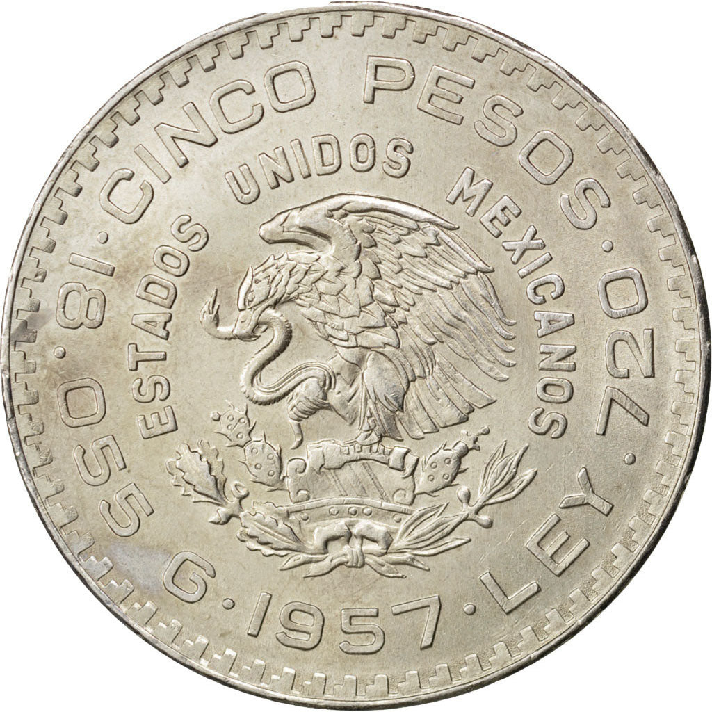 MEXICO, 5 Pesos, 1957, Mexico City, KM #470, AU(55-58), Silver, 36, 18.07