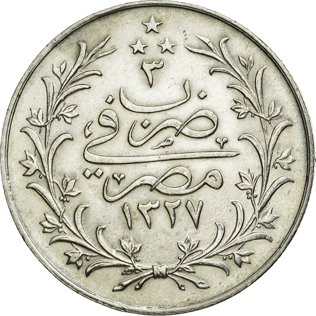 Coin, Egypt, Muhammad V, 10 Qirsh, 1911, AU(55-58), Silver, KM:309