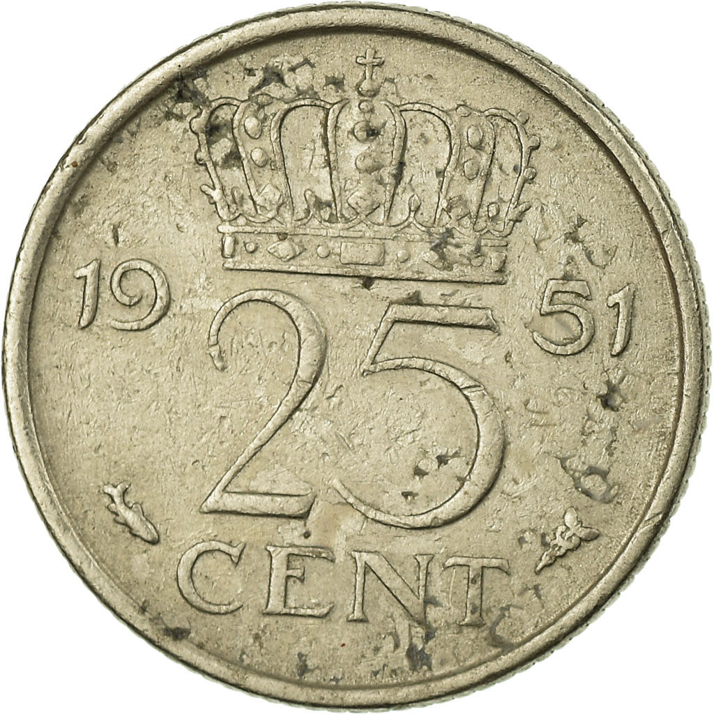 Moneta, Paesi Bassi, Juliana, 25 Cents, 1951, MB+, Nichel, KM:183