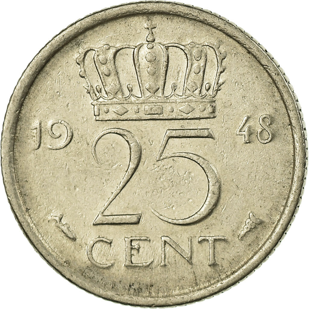 Moeda, Países Baixos, Wilhelmina I, 25 Cents, 1948, VF(30-35), Níquel, KM:178