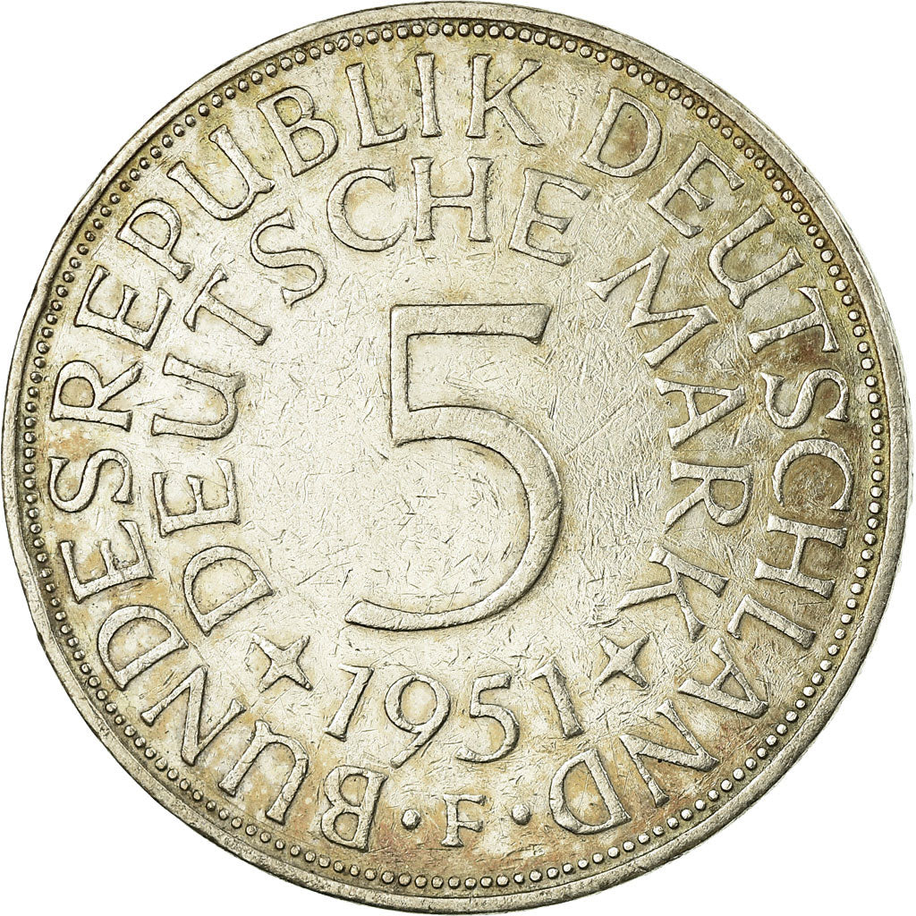 Coin, GERMANY - FEDERAL REPUBLIC, 5 Mark, 1951, Stuttgart, EF(40-45), Silver