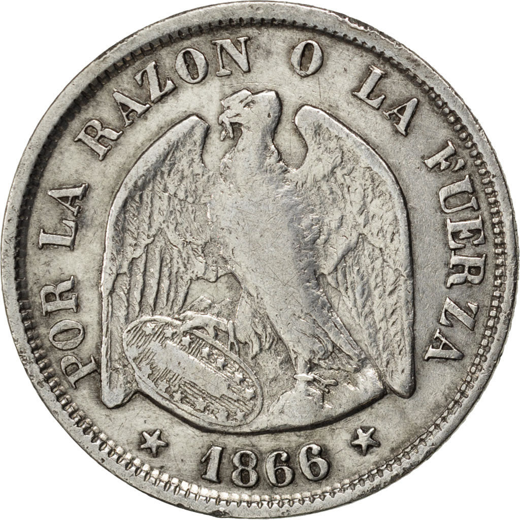 CHILE, 20 Centavos, 1866, KM #135, EF(40-45), Silver, 23, 4.43