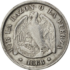 CHILE, 20 Centavos, 1866, KM #135, EF(40-45), Silver, 23, 4.43