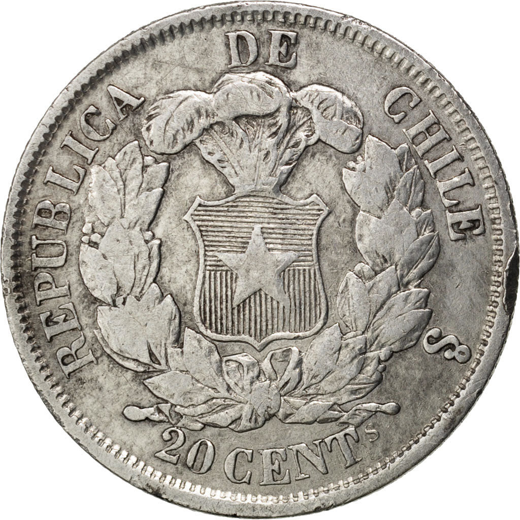 CHILE, 20 Centavos, 1866, KM #135, EF(40-45), Silver, 23, 4.43