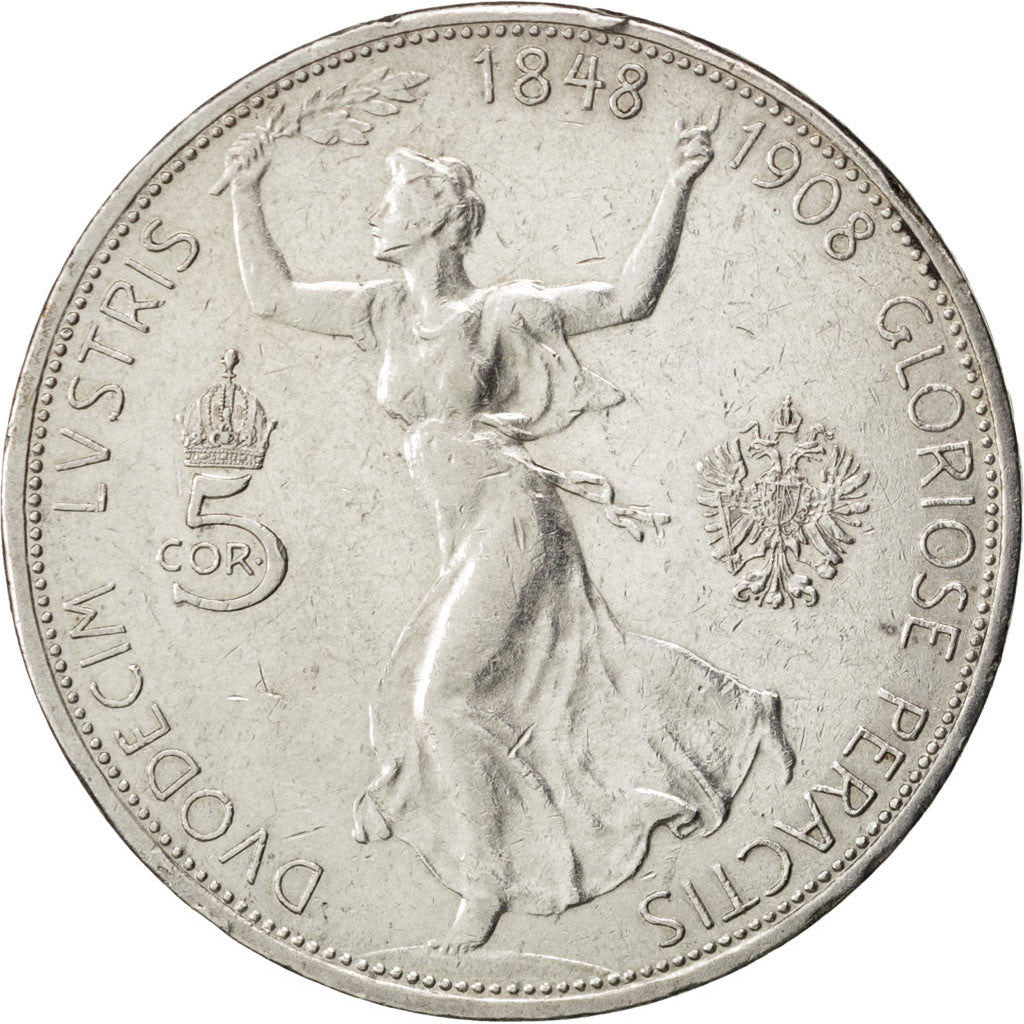 AUSTRIA, 5 Corona, 1908, KM #2809, AU(50-53), Silver, 35, 24.06