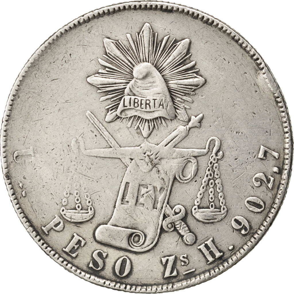 Moneda, México, Peso, 1872, Zacatecas, BC+, Plata, KM:408.8