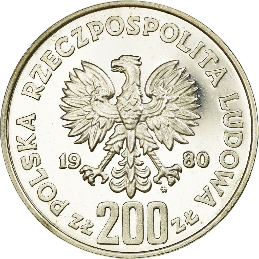 Coin, Poland, 200 Zlotych, 1980, Warsaw, BE, MS(60-62), Silver, KM:118
