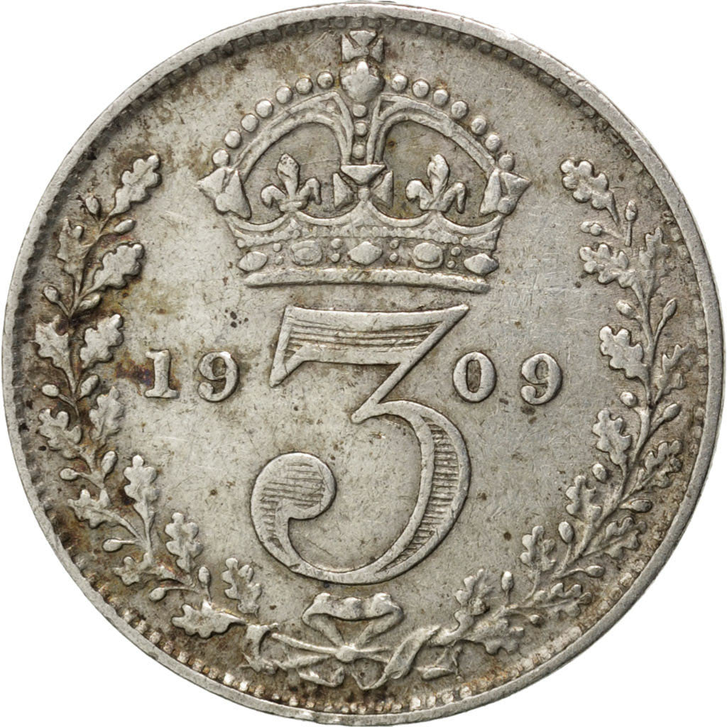 GREAT BRITAIN, 3 Pence, 1909, KM #797.2, EF(40-45), Silver, 16, 1.38