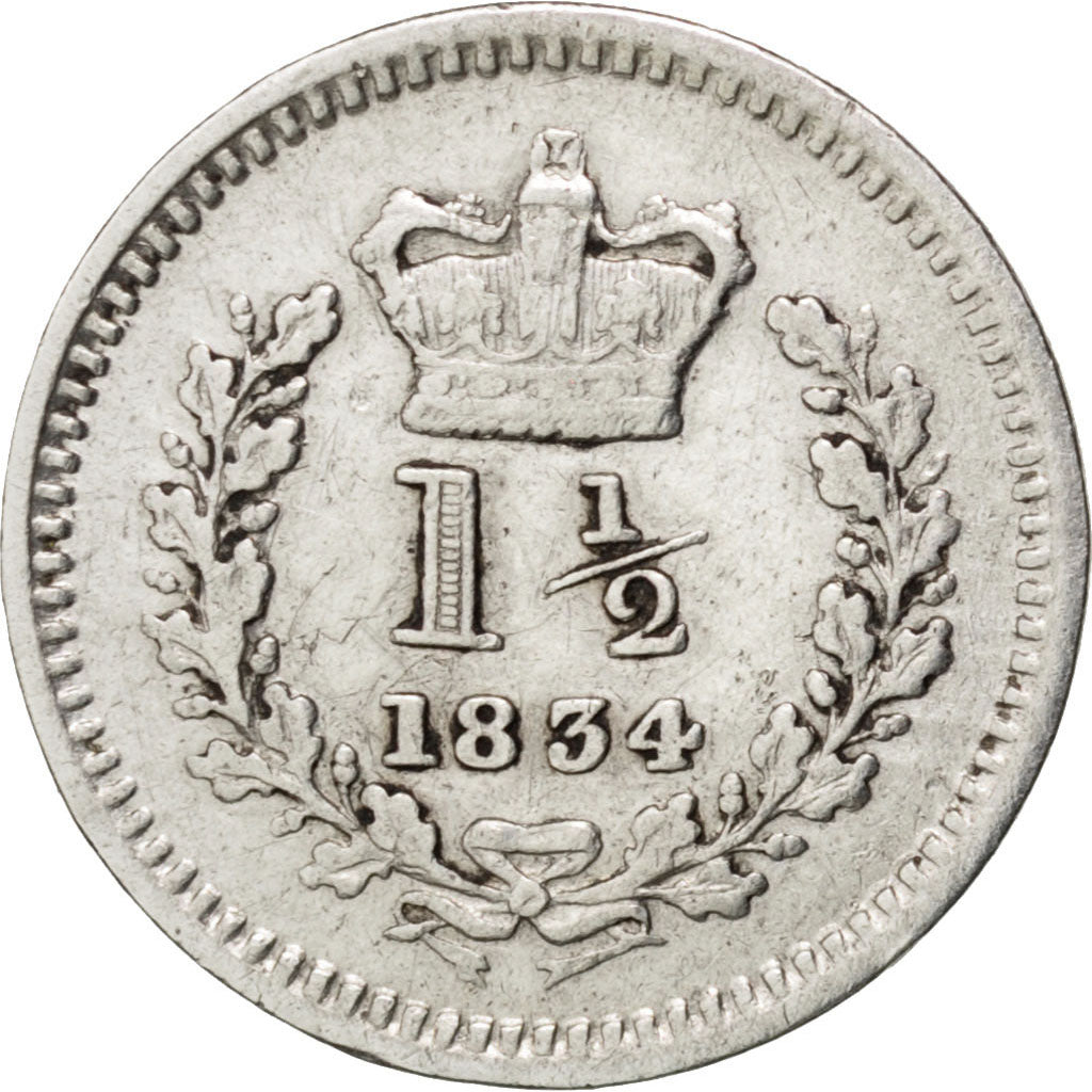GREAT BRITAIN, 1-1/2 Pence, 1834, KM #719, AU(50-53), Silver, 0.69