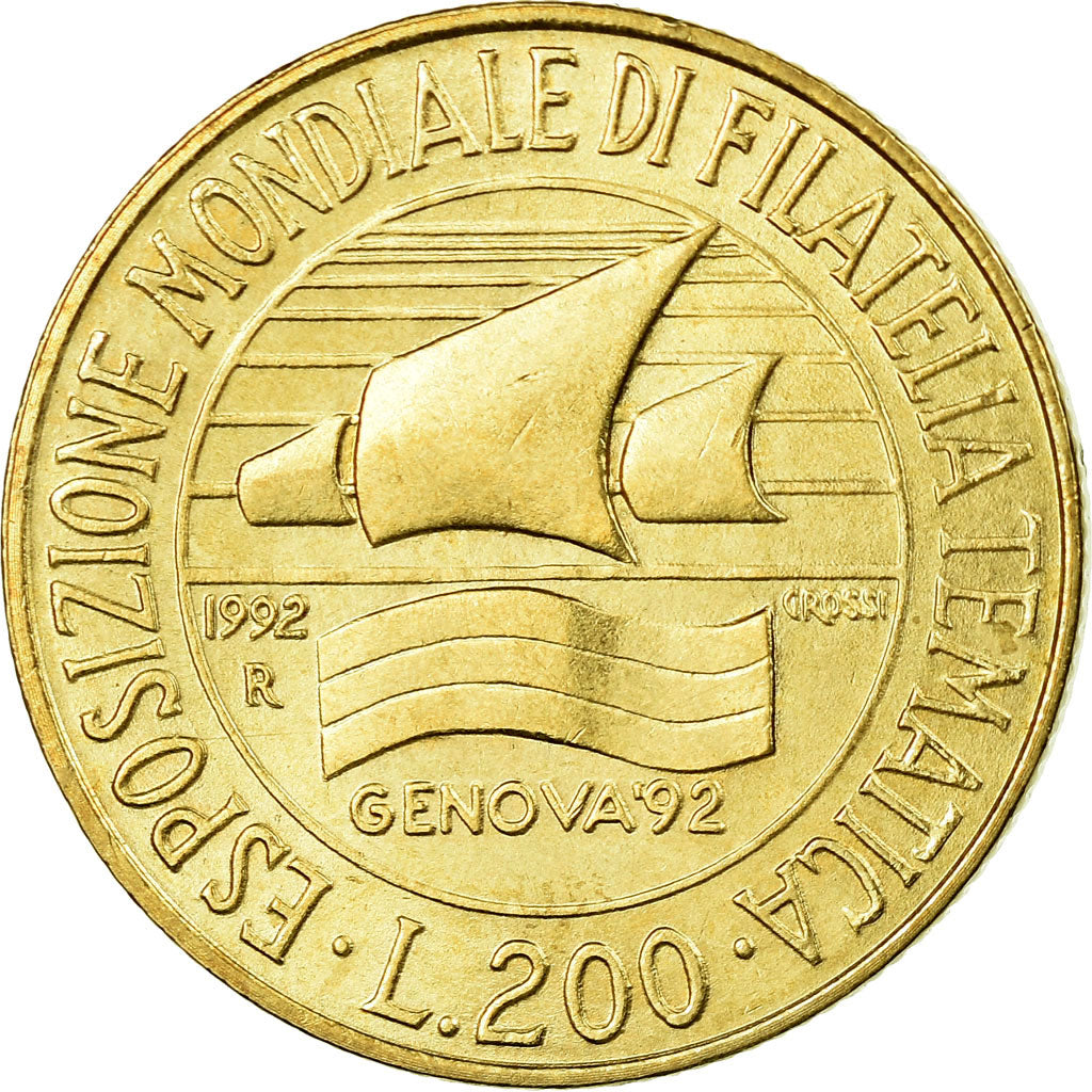 Coin, Italy, Genoa Stamp Exposition, 200 Lire, 1992, Rome, AU(55-58)