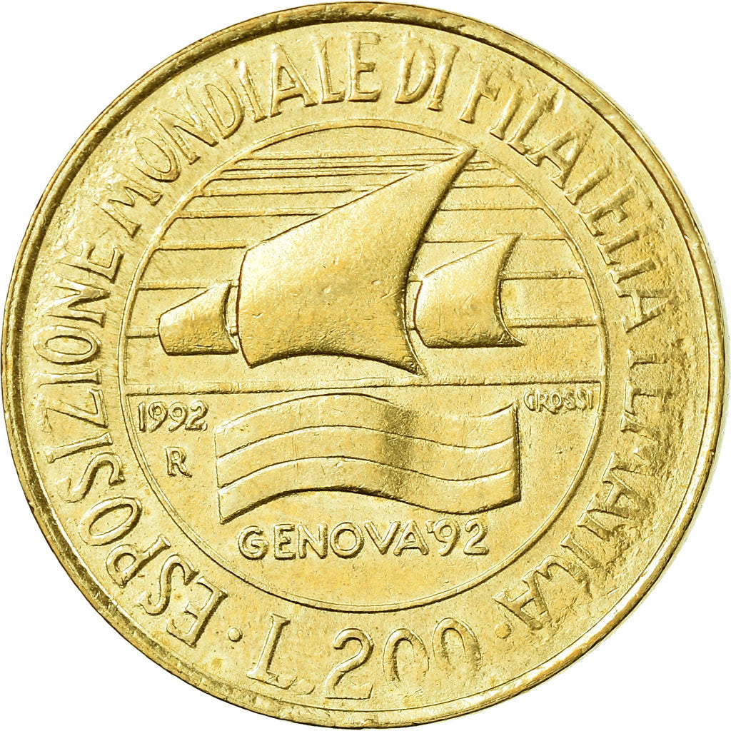 Coin, Italy, Genoa Stamp Exposition, 200 Lire, 1992, Rome, AU(55-58)