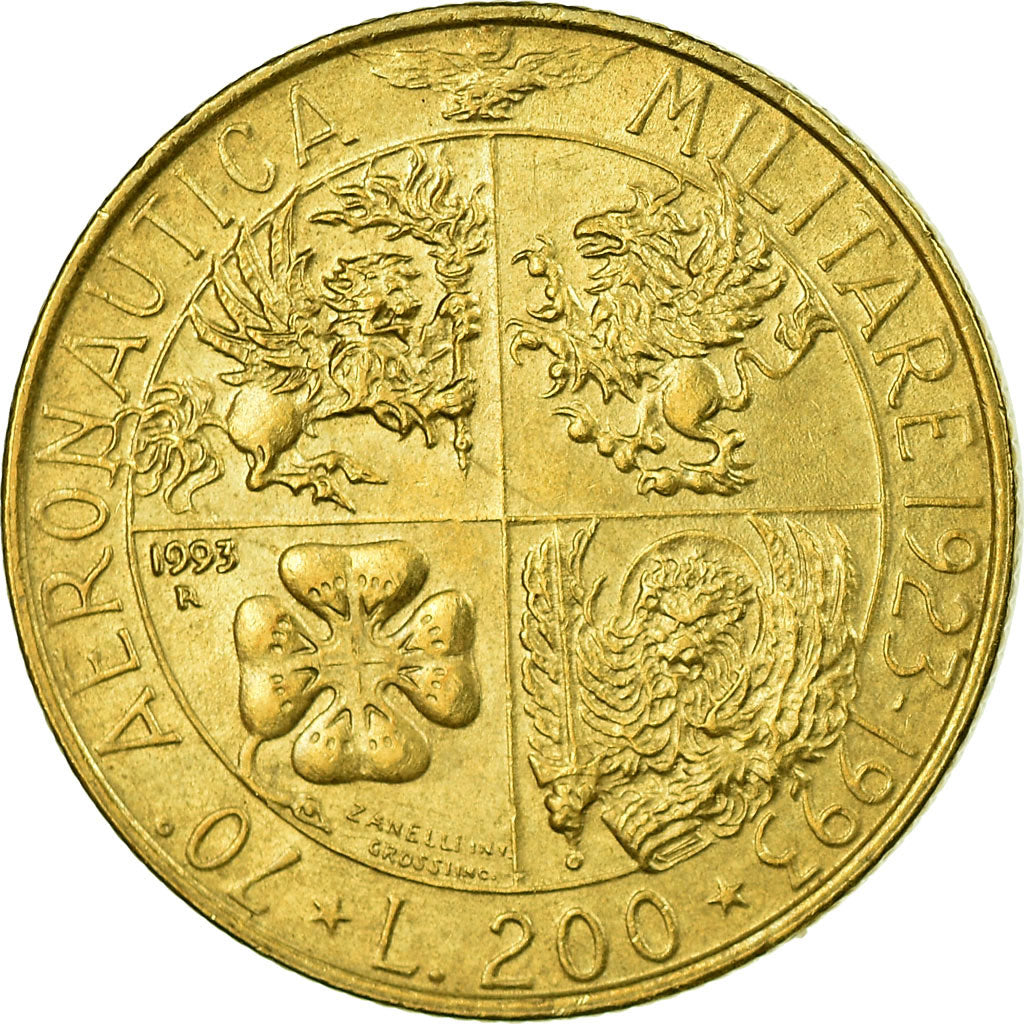 Moeda, Itália, 70th Anniversary of Military Aviation, 200 Lire, 1993, Rome